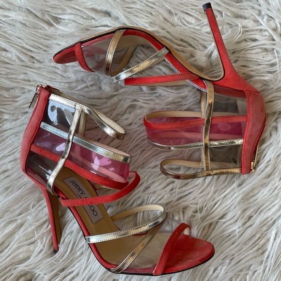 Jimmy Choo Red Multicolor Suede PVC Perspex Mai Tai Heeled Open Toe Sandals 36.5 - Picture 3 of 10